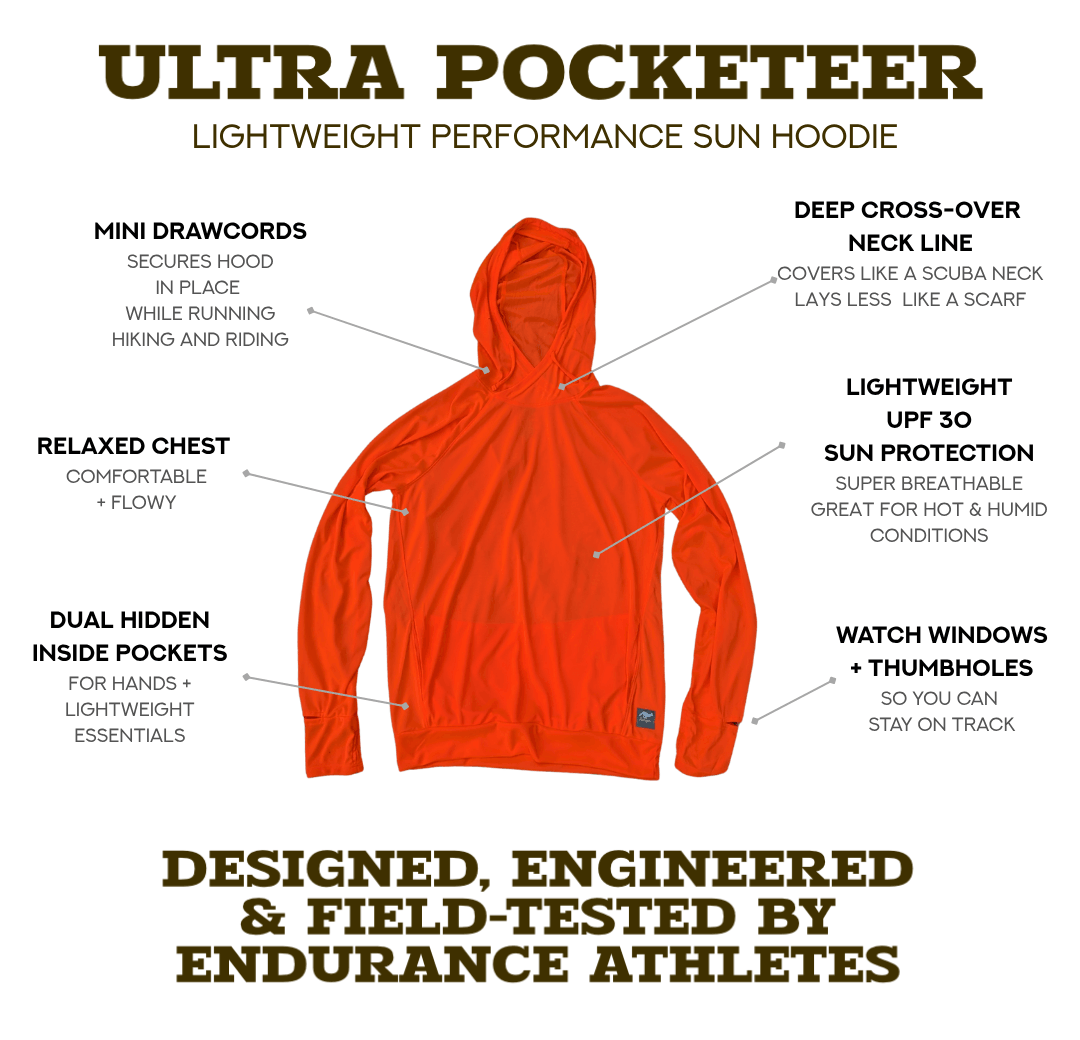 Made In USA Sun Hoodie Shirts with watch windows, thumbholes, drawcords and inside pockets for running, trail running, ultra running, hiking, thru-backpacking, camping, the outdoors