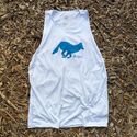 Runyon Electric Blue Logo Hybrid Training Tank for Running, Gym, Workouts American Made In USA White Tank Top Singlet