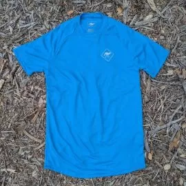 Runyon Womens Unisex Cyan Bright Blue Made In USA Running Shirt Performance Moisture Wicking Workout Shirt