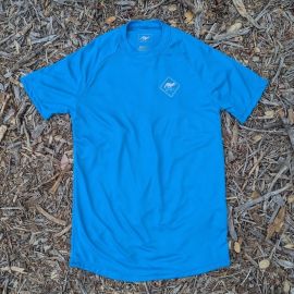 Runyon Womens Unisex Cyan Bright Blue Made In USA Running Shirt Performance Moisture Wicking Workout Shirt