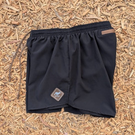 Runyon Mens 3" Running Short in Black - Made In USA - Coyote Brown Zipper Phone Pocket, Lined, Brown Inside Drawcords, Mesh Liner.  Made In Los Angeles.