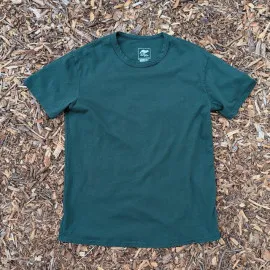Men's 100% cotton athletic short sleeve shirt in forest green, Made in USA by Runyon, for running, hiking, gym workouts and training