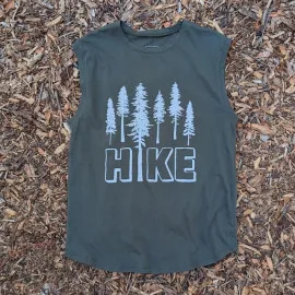 Men's Olive Green Sleeveless Muscle Tee 100% Cotton Cottontrails American Made In The USA - HIKE Print - Hiking, Running