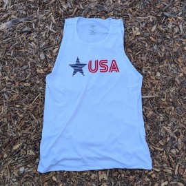 Runyon Men's Star USA White Hybrid Training Tank Muscle Tank great for Running, Hiking, Outdoor Fitness Made In USA