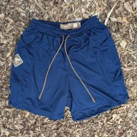 Runyon SupraPlush™ navy blue 5-inch men's running shorts with 2-in-1 compression liner, lightweight performance shell, dual side pockets, phone pockets, handcrafted in Los Angeles, Made in USA.