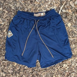 Runyon SupraPlush™ navy blue 5-inch men's running shorts with 2-in-1 compression liner, lightweight performance shell, dual side pockets, phone pockets, handcrafted in Los Angeles, Made in USA.