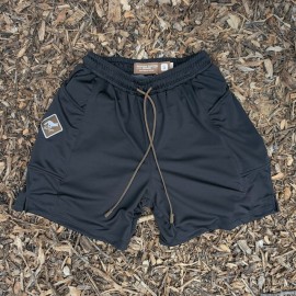 Runyon SupraPlush™ black 5-inch men's running shorts with 2-in-1 compression liner, lightweight performance shell, dual side pockets, phone pockets, handcrafted in Los Angeles, Made in USA.