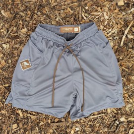 Runyon SupraPlush™ steel grey 5-inch men's running shorts with 2-in-1 compression liner, lightweight performance shell, dual side pockets, phone pockets, handcrafted in Los Angeles, Made in USA.