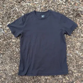 Men's 100% cotton athletic short sleeve shirt in vintage black, Made in USA by Runyon, for running, hiking, gym workouts and training