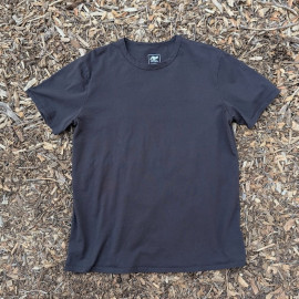 Men's 100% cotton athletic short sleeve shirt in vintage black, Made in USA by Runyon, for running, hiking, gym workouts and training