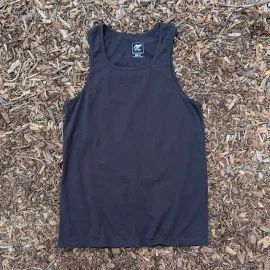 Women's (Unisex) 100% cotton athletic tank top singlet in Vintage Black, Made in USA by Runyon, for running, hiking, gym workouts and training
