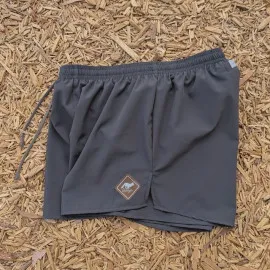 Runyon Mens 3" Running Short in Graphite Dark Grey - Made In USA - Backside Zipper Phone Pocket, Lined, Brown Inside Drawcords, Mesh Liner.  Made In Los Angeles.