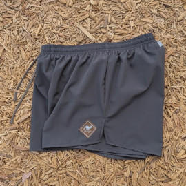Runyon Mens 3" Running Short in Graphite Dark Grey - Made In USA - Backside Zipper Phone Pocket, Lined, Brown Inside Drawcords, Mesh Liner.  Made In Los Angeles.