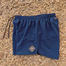 Runyon Mens 3" Running Short in Navy Blue - Made In USA - Backside Zipper Phone Pocket, Lined, Brown Inside Drawcords, Mesh Liner.  Made In Los Angeles.
