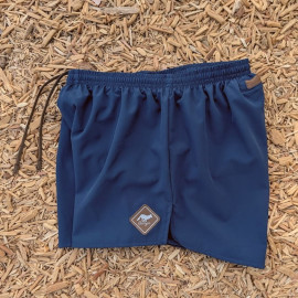 Runyon Mens 3" Running Short in Navy Blue - Made In USA - Backside Zipper Phone Pocket, Lined, Brown Inside Drawcords, Mesh Liner.  Made In Los Angeles.