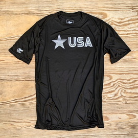 Runyon Mens Star USA Black Training Shirt great for running, hiking, trails, outdoor fitness. Made In USA