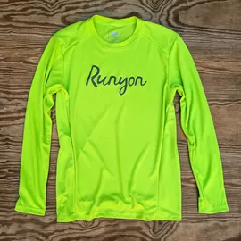 Runyon Canyon Apparel Lime Script Long Tech Trail Fitness Shirt Made In USA. Running, Hiking, Trails, Outdoor Performance