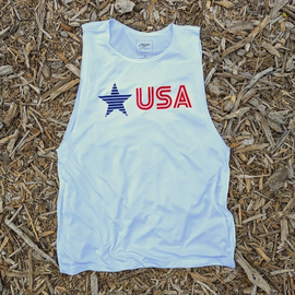 Runyon Men's White Star USA Muscle Tank great for Running, Hiking, Gym, Workout, Outdoors & Fitness -  Made In USA