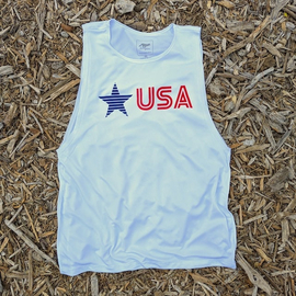 Runyon Women's Unisex White Star USA Muscle Tank great for Running, Hiking, Gym, Workout, Outdoors & Fitness -  Made In USA