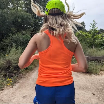 Women's Neon Orange, Safety Orange, Hi-Visibility moisture wicking tank tops for running, gym workouts, outdoors.  American Made In The USA