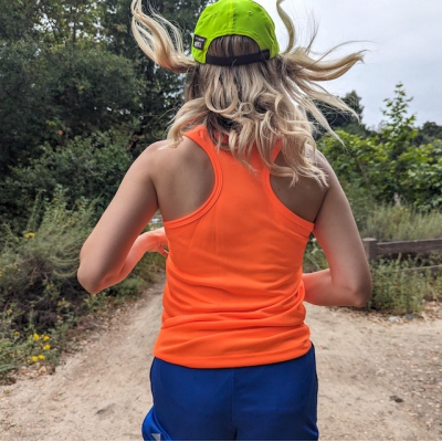Women's Neon Orange, Safety Orange, Hi-Visibility moisture wicking tank tops for running, gym workouts, outdoors.  American Made In The USA
