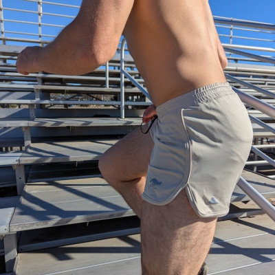 Retro Ranger 4" Khaki Beige Sand Performance Running Short -- great for running, track, workouts, gym, strength training, yoga, fitness.  American Made In USA.