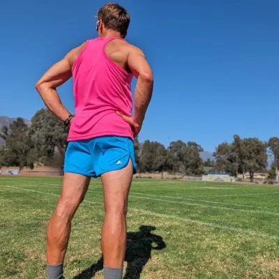 Retro Ranger 4" Bright Cyan Safety Blue Performance Running Short -- great for running, track, workouts, gym, strength training, yoga, fitness.  American Made In USA.