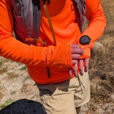 Made In USA Sun Hoodie Shirts Lightweight Moisture Wicking - Watch Windows, Inside Hidden Hand Pockets, Thumbholes, Mini Drawcords, UPF Protection, Moisture Wicking, Lightweight Performance Long Sleeve Sun Shirts, Running, Hiking, Cycling, Working Out - Neon Safety Hunter Orange Fluorescent