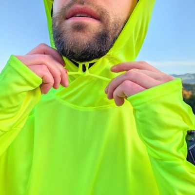 Made In USA Sun Hoodie Shirts Lightweight Moisture Wicking - Watch Windows, Inside Hidden Hand Pockets, Thumbholes, Mini Drawcords, UPF Protection, Moisture Wicking, Lightweight Performance Long Sleeve Sun Shirts, Running, Hiking, Cycling, Working Out - Neon Safety Yellow Fluorescent