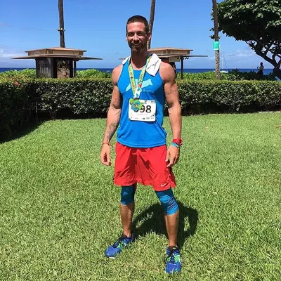 Runyon American Made In USA Mens Running Apparel Flourescent Cyan Blue Performance Tank Top Marathon 5K 10K Fitness