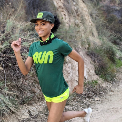 Runyon Women's Made In USA Running Shirts - RUN Series Forest Green Safety Yellow Performance Training Shirt