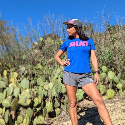 Runyon Women's Made In USA Running Shirts - RUN Series Royal Blue Hot Pink Performance Training Shirt