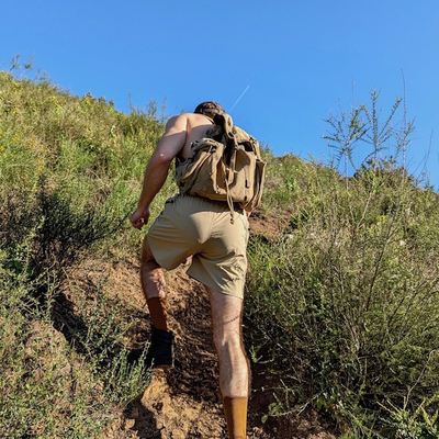 Runyon Sand (Khaki) TrailStash 5" Gravel Short - Trail Running, Ultra Running, Hiking, Outdoor Fitness Made In USA