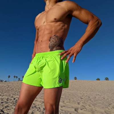 Runyon Mens American Made In USA 3" Classic Running Short, great for Beach workouts. Neon Fluorescent Safety Yellow