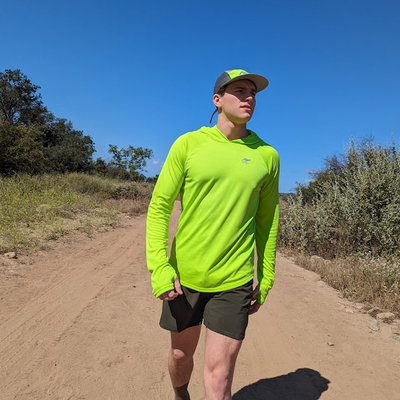 Runyon Men's Neon Green Hi-Vis Fluorescent Sun Hoodie Shirt Long Sleeve Thumbholes UPF Protection Performance Shirt Running Hiking American Made In USA