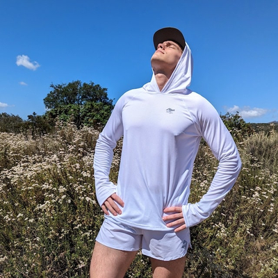 Runyon Men's White Sun Hoodie Long Sleeve Thumbholes UPF Protection Performance Shirt Running Hiking American Made In USA