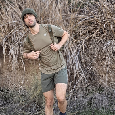 Men's Tan Short Sleeve Performance Shirt for Trail Running, Hiking, Gym, Workout, Fitness, Outdoors