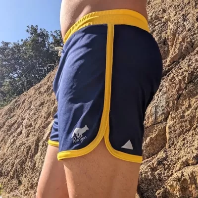 Retro Ranger 4" Navy Gold Performance Running Short -- great for running, track, workouts, gym, strength training, yoga, fitness.  American Made In USA.Retro Ranger 4" Navy Gold Performance Running Short -- great for running, track, workouts, gym, strength training, yoga, fitness.  American Made In USA.