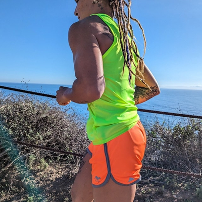 Women's Unisex Neon Hot Orange Fluorescent Running Short American Made In USA - Phone Pocket, Liner - Gym, Track, Running, Workout, Fitness
