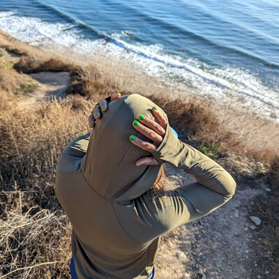 Women's Tan Light Olive Green Long Sleeve Hoodie Shirt with Thumbholes Sun Protection American Made IN USA - Running, Hiking, Workout, Outdoors Performance Apparel