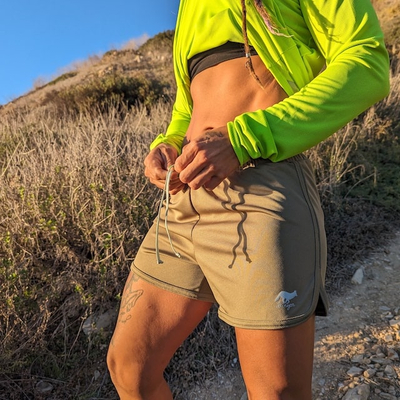 Women's Unisex Tan Made In USA Running Short with brief, phone pocket.  Track, running, workout, gym, fitness, outdoors