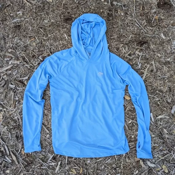Runyon Men's Light Baby Blue Sun Hoodie Shirt Long Sleeve Thumbholes Sun Protection Quick Dry American Made In USA