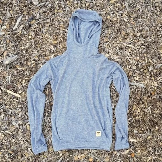 Runyon Unisex Heather Grey Pocketed Sun Hoodie Shirt Long Sleeve Thumbholes Sun Protection Quick Dry American Made In USA