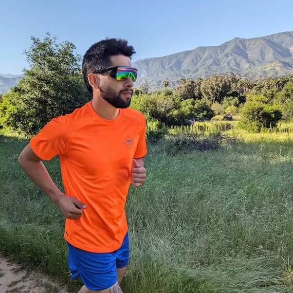 Runyon American Made In USA Mens Running Apparel Neon Safety Fluorescent Orange Fitness Performance Training Shirt