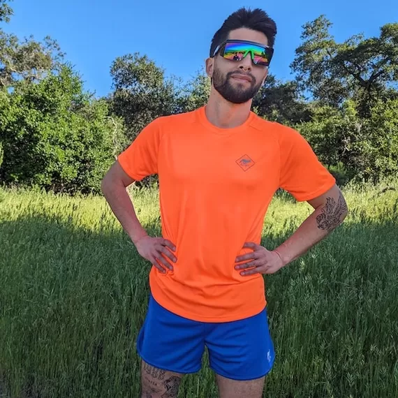 Runyon American Made In USA Mens Running Apparel Neon Safety Fluorescent Orange Fitness Performance Training Shirt