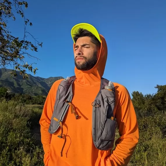 Runyon Men's Orange Pocketed Sun Hoodie Shirt Long Sleeve Thumbholes Sun Protection Quick Dry American Made In USA