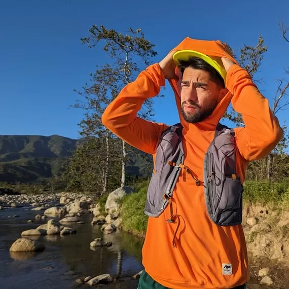 Runyon Men's Orange Pocketed Sun Hoodie Shirt Long Sleeve Thumbholes Sun Protection Quick Dry American Made In USA