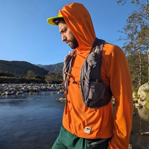 Runyon Men's Orange Pocketed Sun Hoodie Shirt Long Sleeve Thumbholes Sun Protection Quick Dry American Made In USA