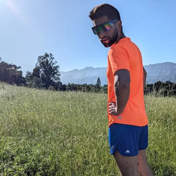 Runyon American Made In USA Mens Running Apparel Neon Safety Fluorescent Orange Fitness Performance Training Shirt