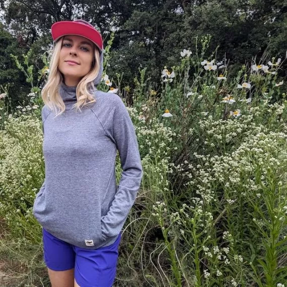 Runyon Unisex Heather Grey Pocketed Sun Hoodie Shirt Long Sleeve Thumbholes Sun Protection Quick Dry American Made In USA